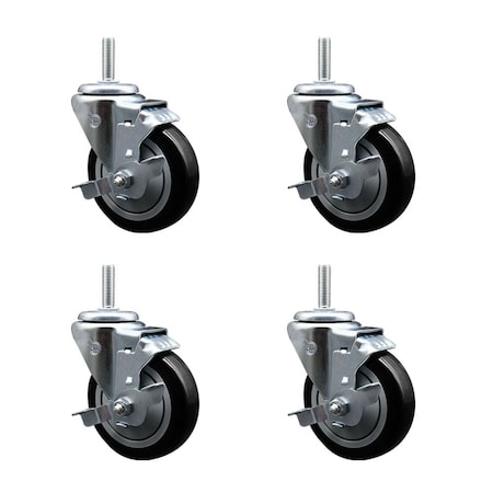 Service Caster 4 Inch Black Polyurethane Wheel Swivel 34 Inch Threaded Stem Caster Set with Brake SCC SCC-TS20S414-PPUB-BLK-TLB-34212-4